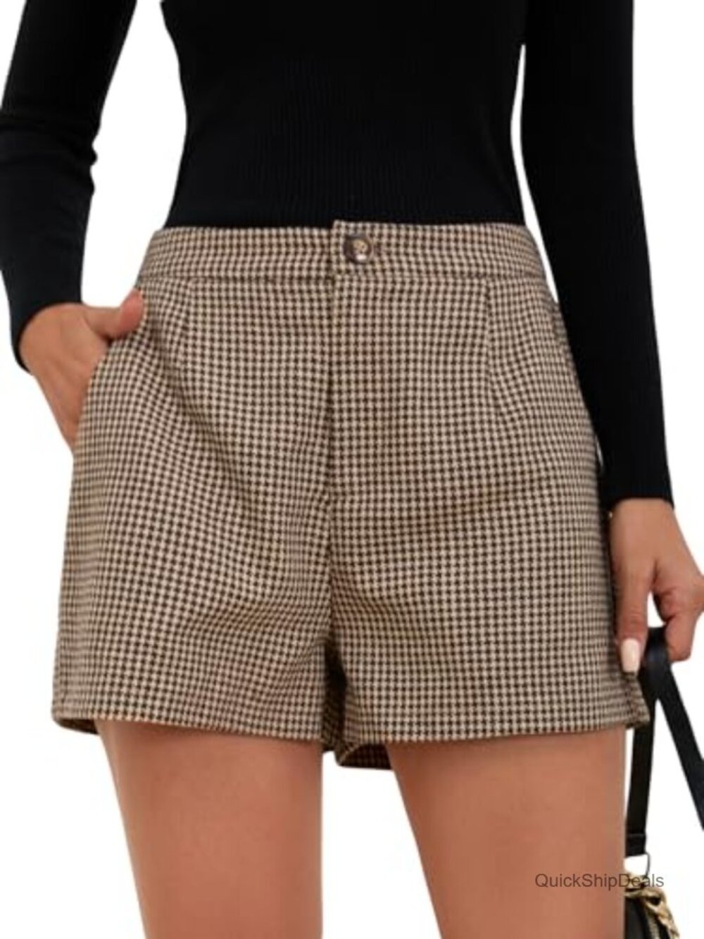 Tailored Plaid High Waisted Mini Shorts Zipper Fly Slant Pocket Workwear
